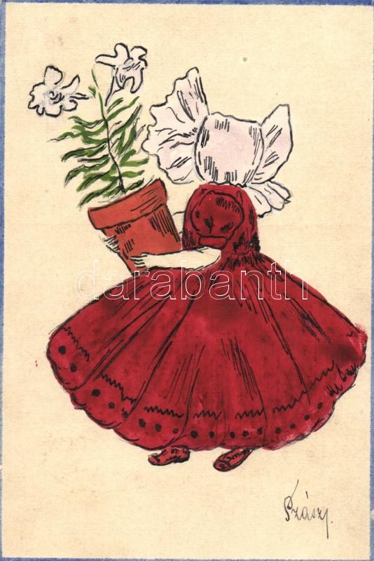 Kislány virággal s: Szászy, Little girl with flowerpot, hand-painted postcard s: Szászy