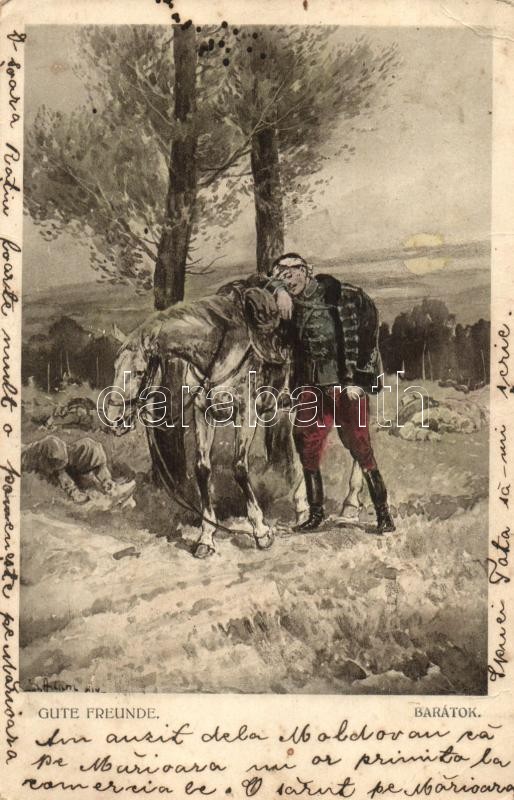 WWI Hungarian hussar with horse, artist signed, I. világháborús sérült magyar huszár a lovával, művész aláírásával, Gute Freunde