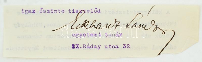 Eckhardt Sándor(1890-1969) irodalomtörténész, nyelvész, egyetemi tanár, a Magyar Tudományos Akadémia tagja, az irodalomtudományok doktora.
Aláírás kivágáson.