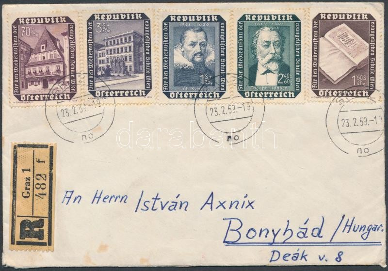 Ajánlott levél Bonyhádra teljes Újjáépítés sorral, Registered Letter to Hungary with complete Rebuilding set