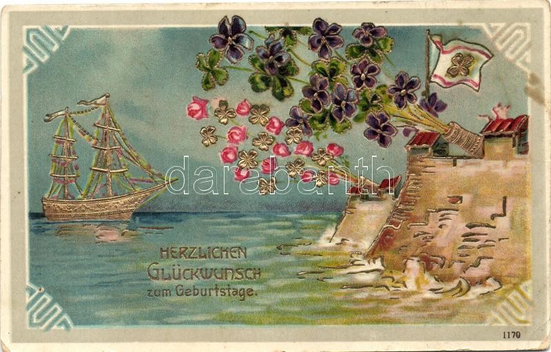 Birthday greeting card, flowers, ship, cannon, golden decoration Emb., Születésnapi üdvözlőlap, virágos, aranyozott díszítéssel, dombornyomat