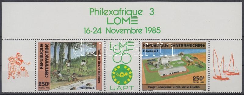 PHILEXAFRIQUE nemzetközi bélyegkiállítás ívsarki hármascsík ívszélfelirattal, PHILEXAFRIQUE International stamp exhibition corner stripe of 3 margin label