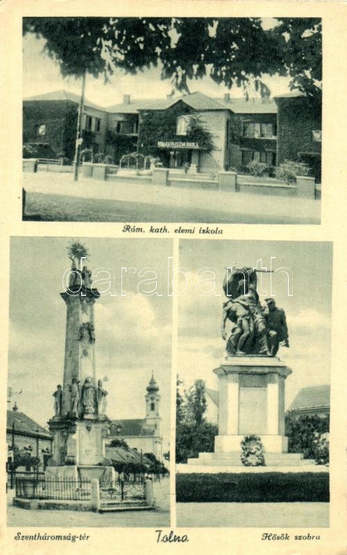 Tolna, Római katolikus elemi iskola, Szentháromság tér, Hősök szobra (ázott sarok / wet corner)
