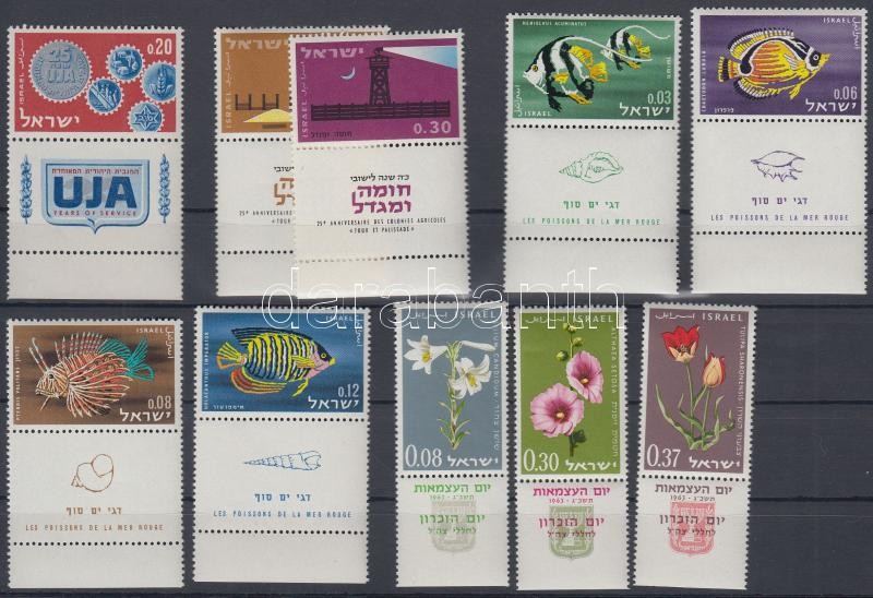 22 diff. stamp with tab + 1 block on 3 stock cards, 22 klf tabos bélyeg +1 db blokk 3 db stecklapon