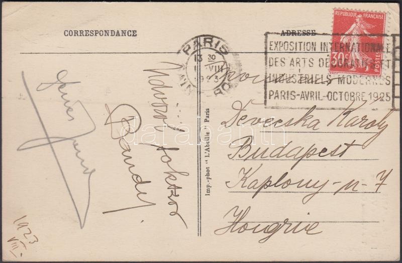 Képeslap Párizsból az 1925 évi Nemzetközi művészeti kiállítás reklámbélyegzőjével, Postcard from Paris International Art Exhibition 1925 with advertising cancellation