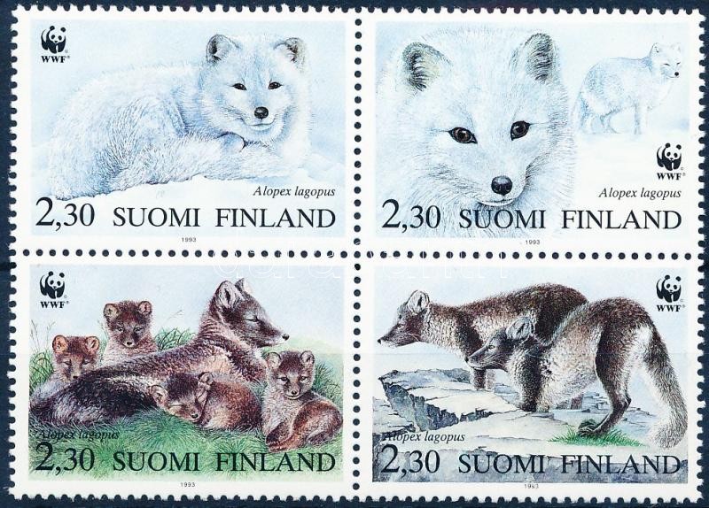 WWF Arctic foxes block of 4 + 4 FDC, WWF Sarki rókák négyestömb + 4 FDC