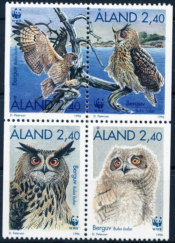 WWF Eagle Owl block of 4 from stampbooklet + 4 FDC, WWF Uhu négyestömb bélyegfüzetből + 4 FDC