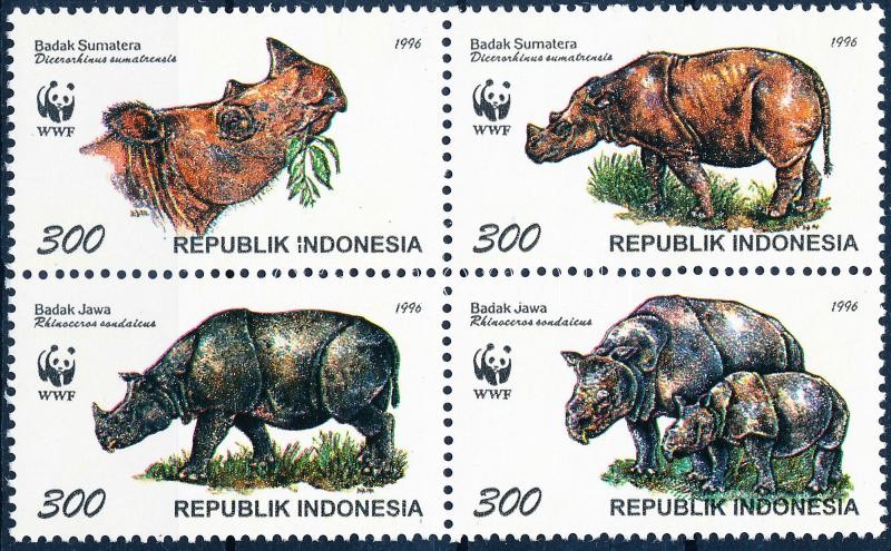 WWF Sumatran and Javan rhino block of 4 + 4 FDC, WWF Szumátrai és jávai orrszarvú négyestömb + 4 FDC