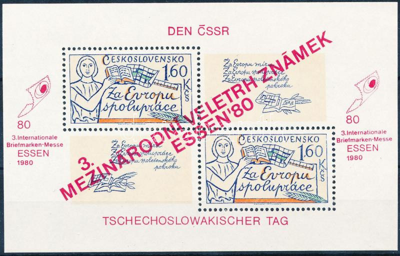 ESSEN international stamp fair: Czechoslovak day block with red overprint, ESSEN nemzetközi bélyegvásár: csehszlovák nap blokk vörös felülnyomással