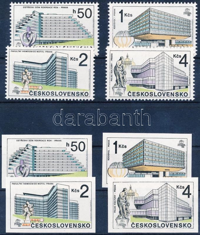 PRAGA nemzetközi bélyegkiállítás fogazott sor + blokkból kivágott bélyegek + 2 vágott blokk (2 stecklap), PRAGA International Stamp Exhibition perf. set + stamps from blocks + 2 imperf. blocks (2 stock cards)
