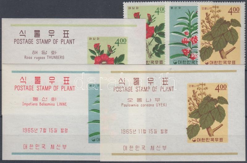 Növények 3 klf fogazott bélyeg + 3 klf vágott blokk, Plants 3 stamps with diff. perforation + 3 diff. imperf. block
