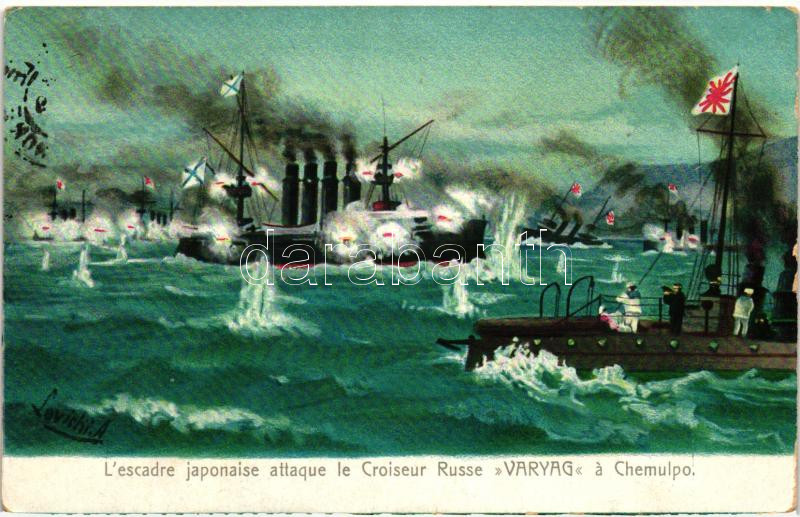 L'escadre japonaise attaque le Croiseur Russe 'Varyag' a Chemulpo / Russo-Japanese war, sea battle s: Lovichi, Orosz-japán háború, tengeri ütközet s: Lovichi