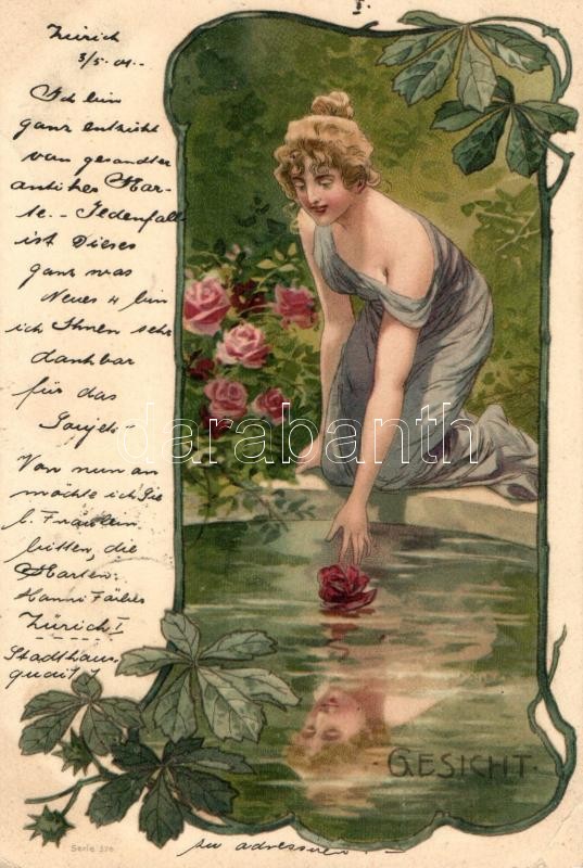 Gesicht / Lady with her reflection, Art Nouveau litho, Hölgy a tükörképével, litho
