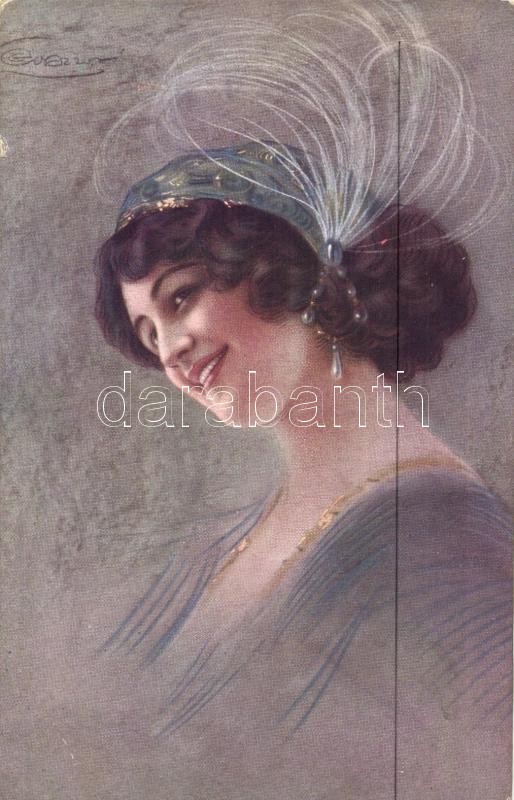 Italian art postcard, Lady, B.K.W.I. No. 702-6., s: Guezzoni, Hölgy, olasz művészeti képeslap, B.K.W.I. No. 702-6., s: Guezzoni