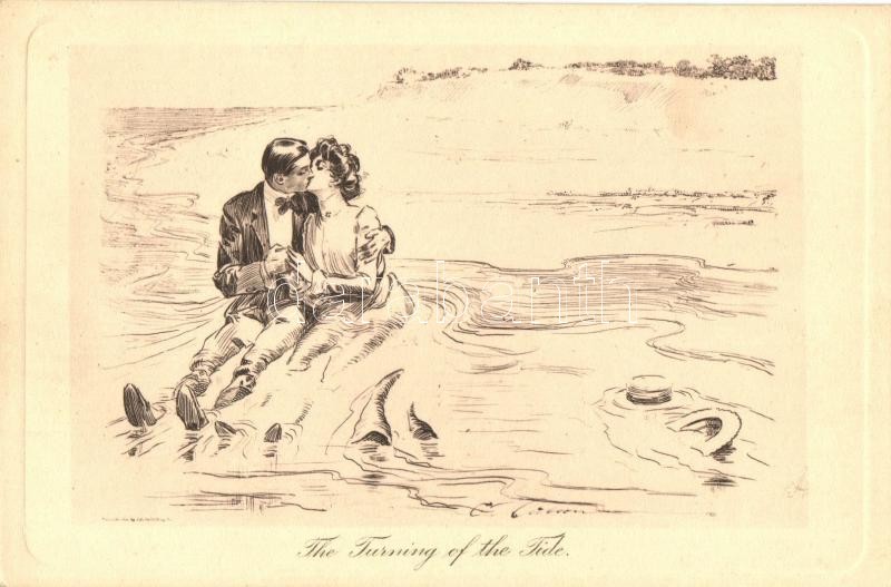 Csókolózó pár, Alfred Schweizer Gibson karte No. 200., The turning of the tide, Romantic kissing couple, Alfred Schweizer Gibson karte No. 200.