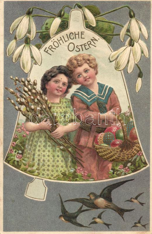 Fröhliche Ostern / Easter, Emb. litho, Német nyelvű dombornyomott húsvéti üdvözlőlap