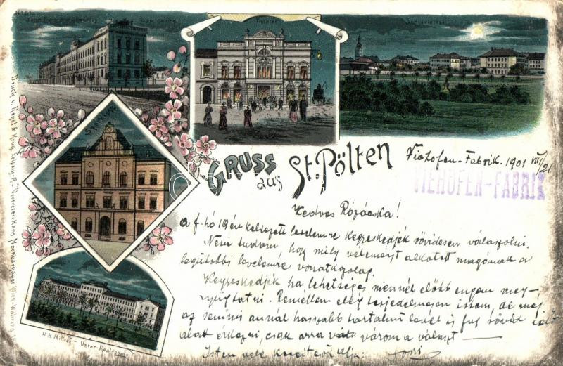 Sankt Pölten, Theater, Schulviertel, Kaserne, Sparkasse, K.k. Militer Unter Realschule / theatre, schools, barrack, bank, night, floral Art Nouveau litho