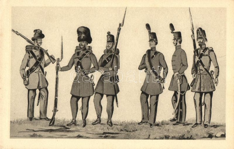 Hungarian infantry soldiers in 1848, Magyar gyalogság; vadász, gránátos, honvéd, tüzér, szekerész, árkász; Komlós Negyvennyolc sorozat I.