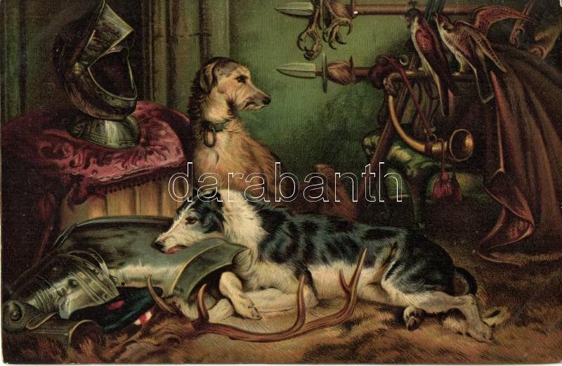 Scene aus Abbotsford / Dogs with knightly armor, litho s: Sir Edwin Landseer, Kutyák lovagi páncéllal, litho s: Sir Edwin Landseer