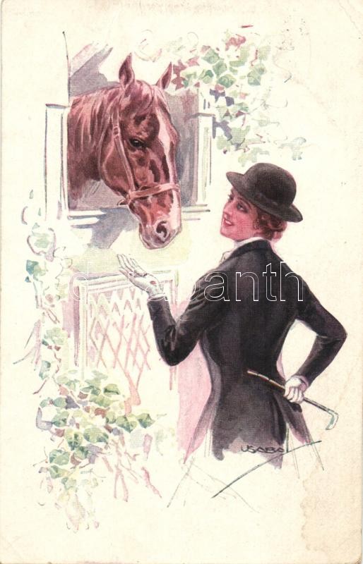 Női zsoké, olasz művészeti képeslap, Erkal No. 320/6 s: Usabal, Jockey lady. Art Deco Italian art postcard, Erkal No. 320/6 s: Usabal