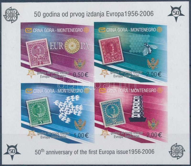 50 éves az Europa CEPT bélyeg vágott blokk, 50th anniversary of Europa CEPT stamo imperforated block