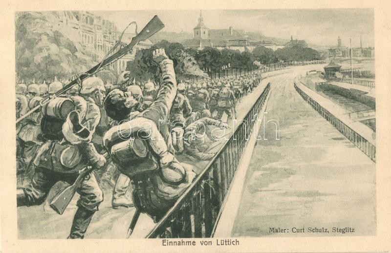 I. világháború, német csapatok beveszik Liege városát s: Curt Schulz, Der Weltkrieg. Einnahme von Lüttich / WWI German military s: Curt Schulz