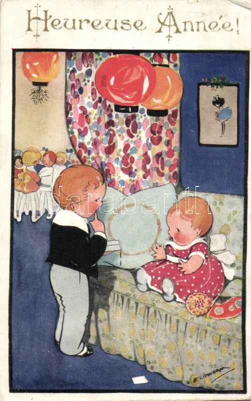 New Year, baby with child, Comique Series No. 4025. s: Cowram, Újév kisgyerekkel, Comique Series No. 4025. s: Cowram