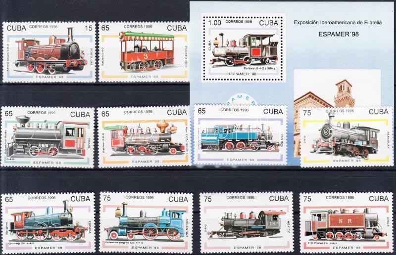 Stamp Exhibition, Locomotives set + block, Bélyegkiállítás, Mozdony sor + blokk