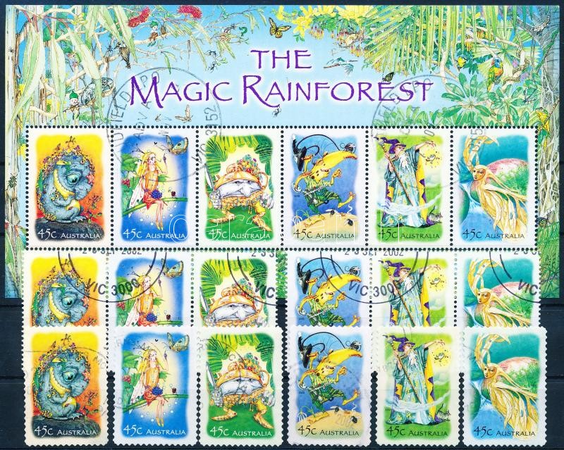 The magic rainforest set in stripes of 3 and self-adhesive set + block, Titokzatos esőerdők sor 3-as csíkokban és öntapadó sor + blokk