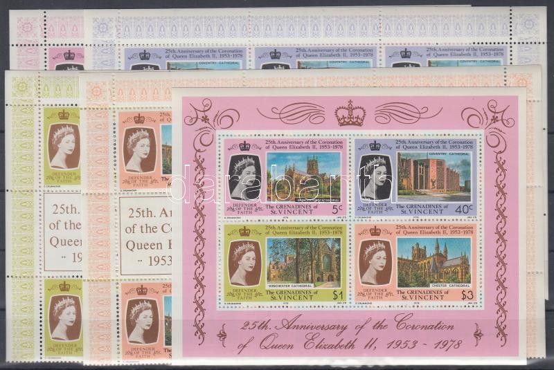 II. Erzsébet koronázásának 25. évfordulója sor 7 bélyeget tartalmazó ívdarabokban + blokk, 25th coronation anniversary of Elizabeth II set on sheet pieces with 7 stamps + block