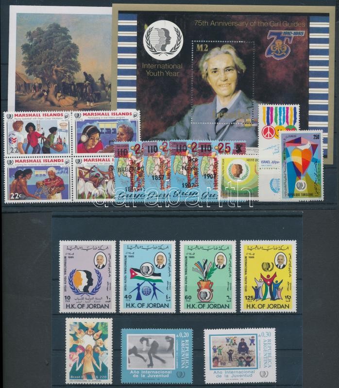 International Year of Youth 18 stamp with sets, block of 4 + 2 blocks on 2 stock cards, Az ifjúság nemzetközi éve 18 db bélyeg, közte sorok, 4-es tömb és 2 db blokk 2 db stecklapon