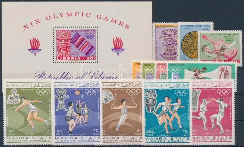 Nyári Olimpia, Mexikó 12 db bélyeg + 1 db blokk, Summer olympics, Mexico 12 diff. stamps + 1 block