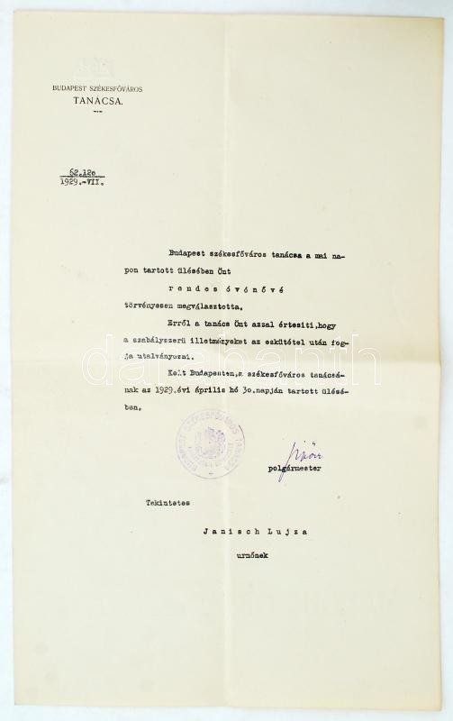 1929 Bp., Sipőcz Jenő (1878-1937) Budapest főpolgármesterének aláírása rendes óvónővé való kinevezési okmányon