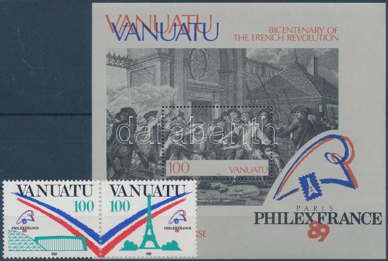 International Stamp Exhibition; Bicentenary of French revolution pair + block, Nemzetközi Bélyegkiállítás; Francia forradalom 200. évfordulója pár + blokk