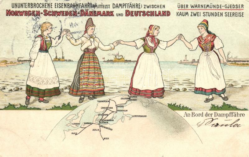 Ununterbrochene Eisenbahnfahrt mittelst Dampffähre zwischen Norwegen - Schweden - Dänemark und Deutschland / German ship company advertisement, folklore, litho, Német hajózási vállalat reklámlapja, folklór, litho