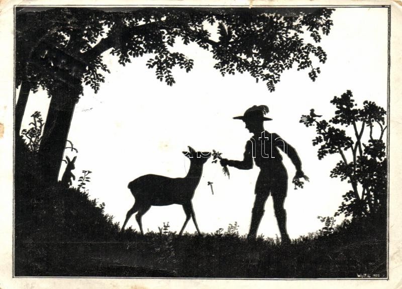 A cserkész jó az állatokhoz... A 658. sz. cserkészcsapat kiadása,  s: Wolf, Hungarian scout, silhouette s: Wolf