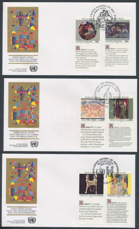 UN New York, Vienna, Geneva Human rights 3 diff. sets with coupon on 3 FDCs, ENSZ New York, Bécs, Genf Emberi Jogok 3 klf szelvényes sor 3 db FDC-n