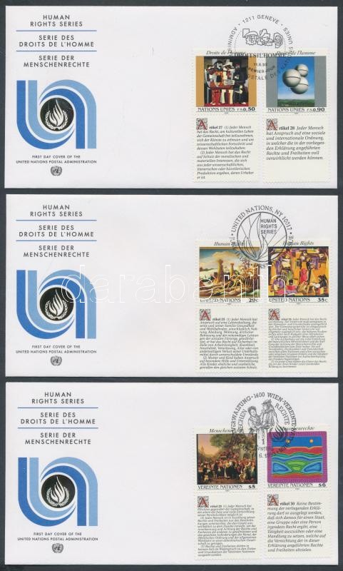 UN New York, Vienna, Geneva Human rights 3 diff. sets with coupon 3 FDCs, ENSZ New York, Bécs, Genf Emberi Jogok 3 klf szelvényes sor 3 db FDC-n