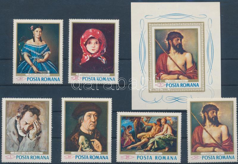 Paintings set + imperf. block without gum, with serial number on back side, Festmények a bukaresti és a nagyszebeni galériából fogazott sor + vágott blokk gumi nélkül, a hátoldalon sorszámmal