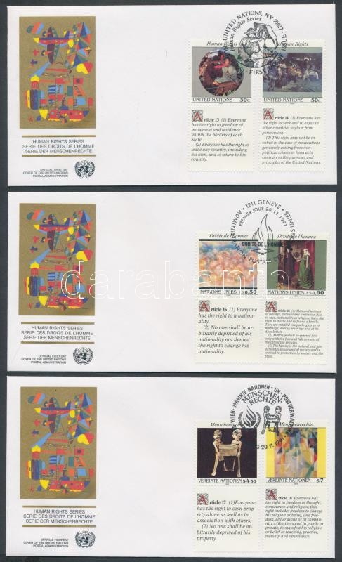 UN New York, Geneva, Vienna Human rights 3 diff. sets with coupon on 3 FDCs, ENSZ New York, Genf, Bécs Emberi Jogok 3 klf szelvényes sor 3 db FDC-n