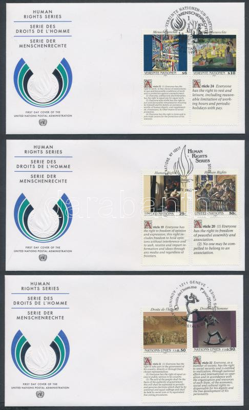 UN New York, Geneva, Vienna Human rights 3 diff. sets with coupon on 3 FDCs, ENSZ New York, Genf, Bécs Emberi Jogok 3 klf szelvényes sor 3 db FDC-n