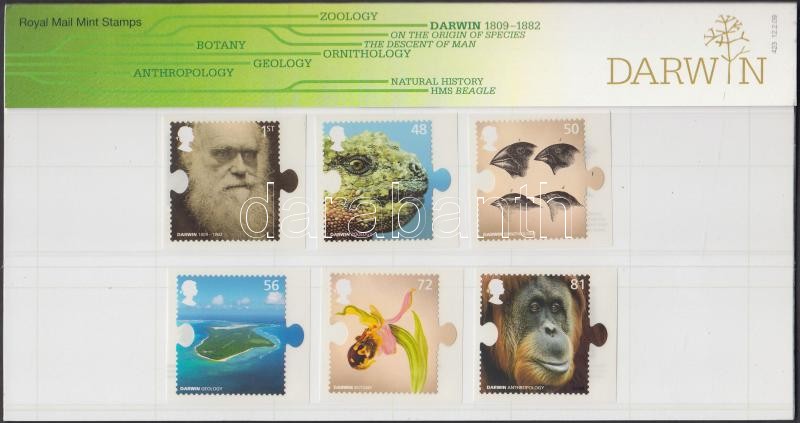 Charles Darwin 200. születésnapja sor öntapadós bélyegekkel + blokk díszcsomagolásban, 200th birth anniversary of Charles Darwin self-adhesive stamps + block in decorative holder