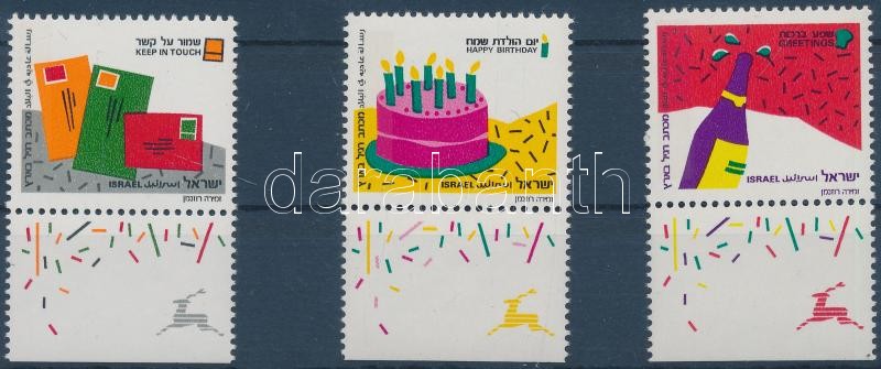 Greetings stamps set with tab and phopshorus line, Üdvözlőbélyegek tabos sor foszforcsíkkal