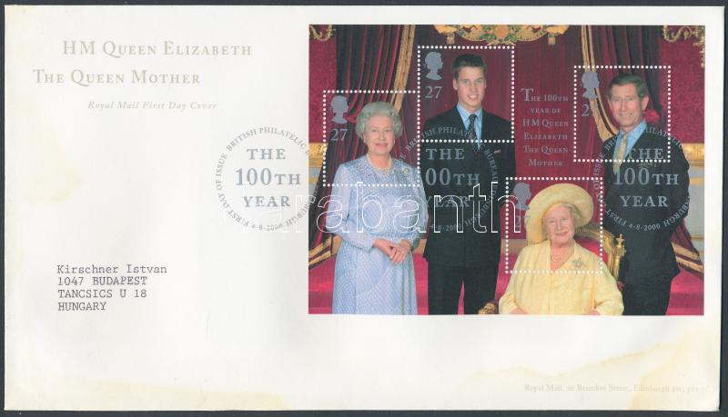 100th anniversary of Queen Elizabeth The Queen Mother block FDC, Erzsébet anyakirálynő 100 éves blokk FDC-n