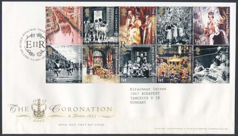 The Coronation block of 10 FDC, Erzsébet királynővé koronázásának 50. évfordulója tizestömb FDC-n