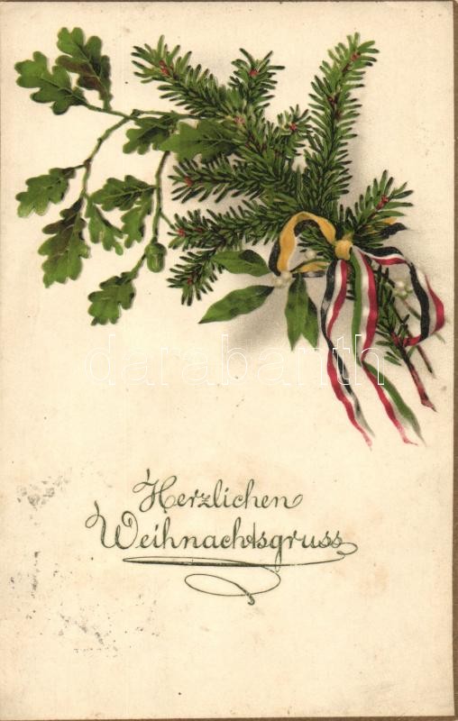 WWI Austro-Hungarian flag, Christmas greeting card litho, Első világháborús osztrák-magyar zászló, Karácsonyi üdvözlőlap, litho