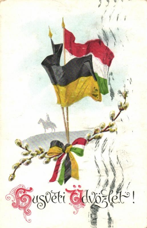 Első világháborús katonai húsvét, osztrák-magyar zászlók, WWI military Easter, Austro-Hungarian flags