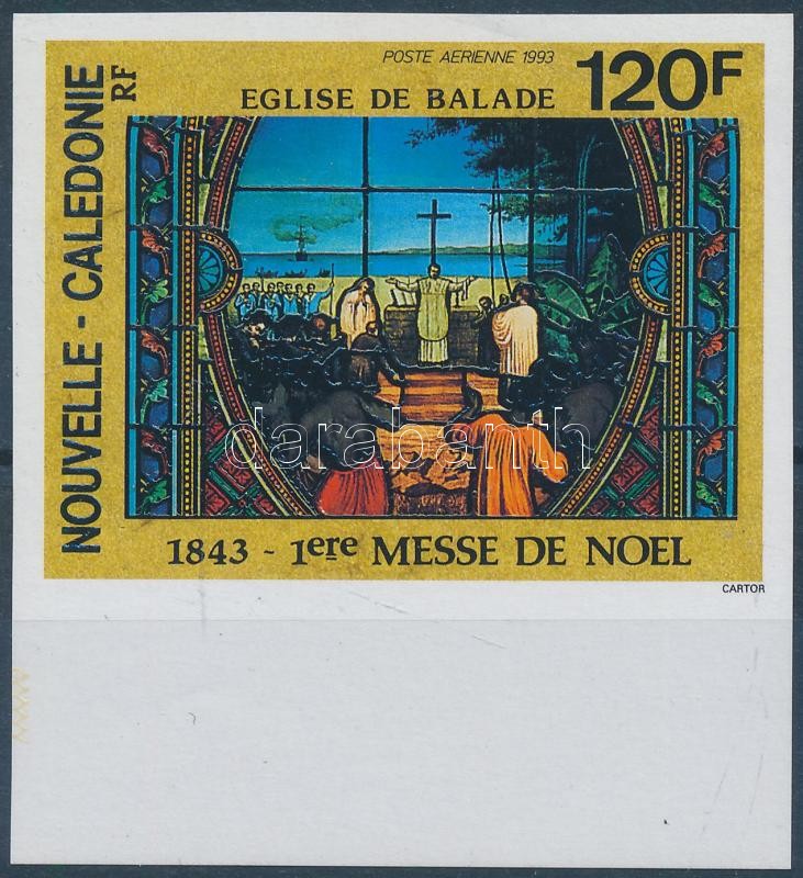 150th anniversary the first Christmas Mass in New Caledonia  imperforated margin stamp, Az első új-kaledóniai karácsonyi szentmise 150. évfordulója ívszéli vágott bélyeg