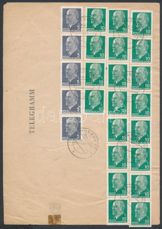 Távirat 25 tekercsbélyeggel bérmentesítve, Telegramm franked with 25 stamps from coil
