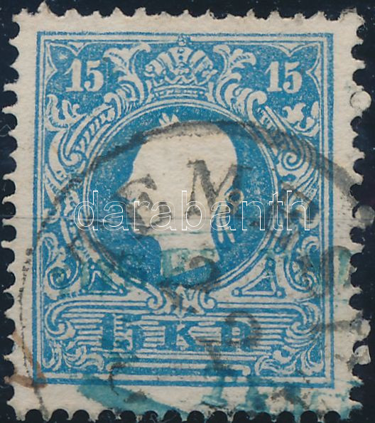 15kr II. centrált, lemezhibával kék cégbélyegzővel &quot;TEMESVÁR&quot;, 15kr II. centered with plate flaw